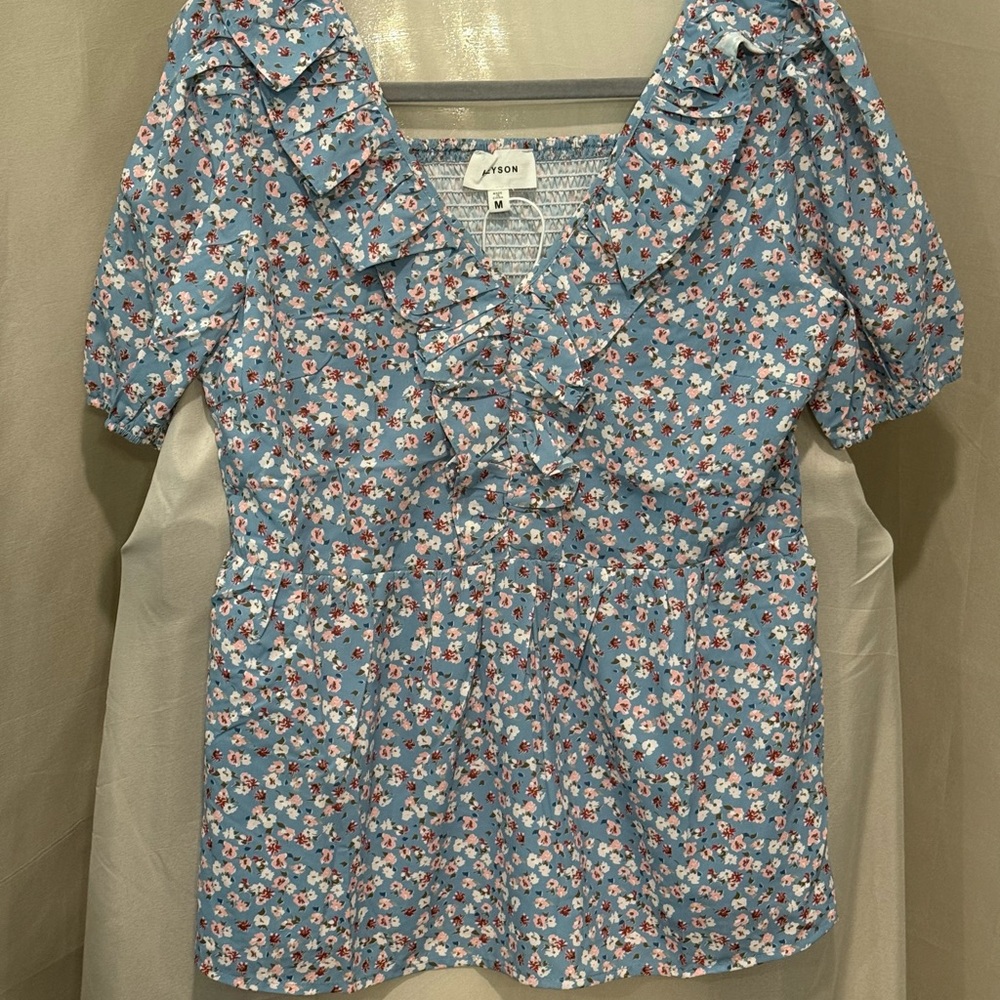Blue Puff Sleeve Ruffled Blouse